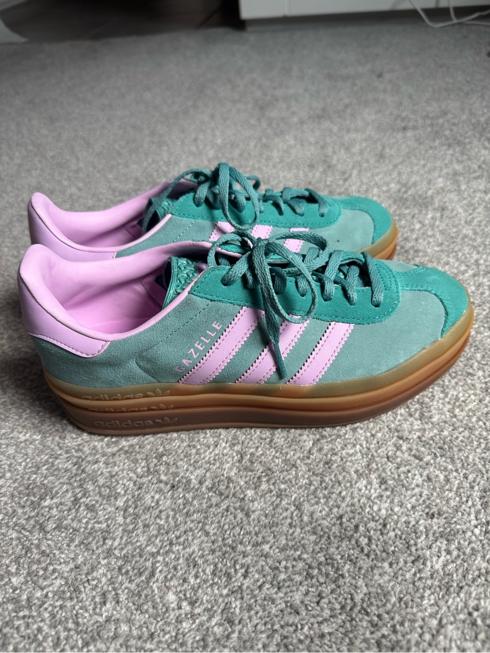adidas Gazelle bold Platform Sneakers in Teal & Pink with Gum Sole